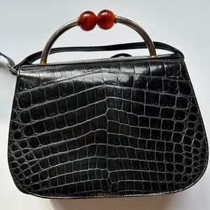 Vintage Crocodile Printed Patent Leather Purse with Beaded Accent Handle